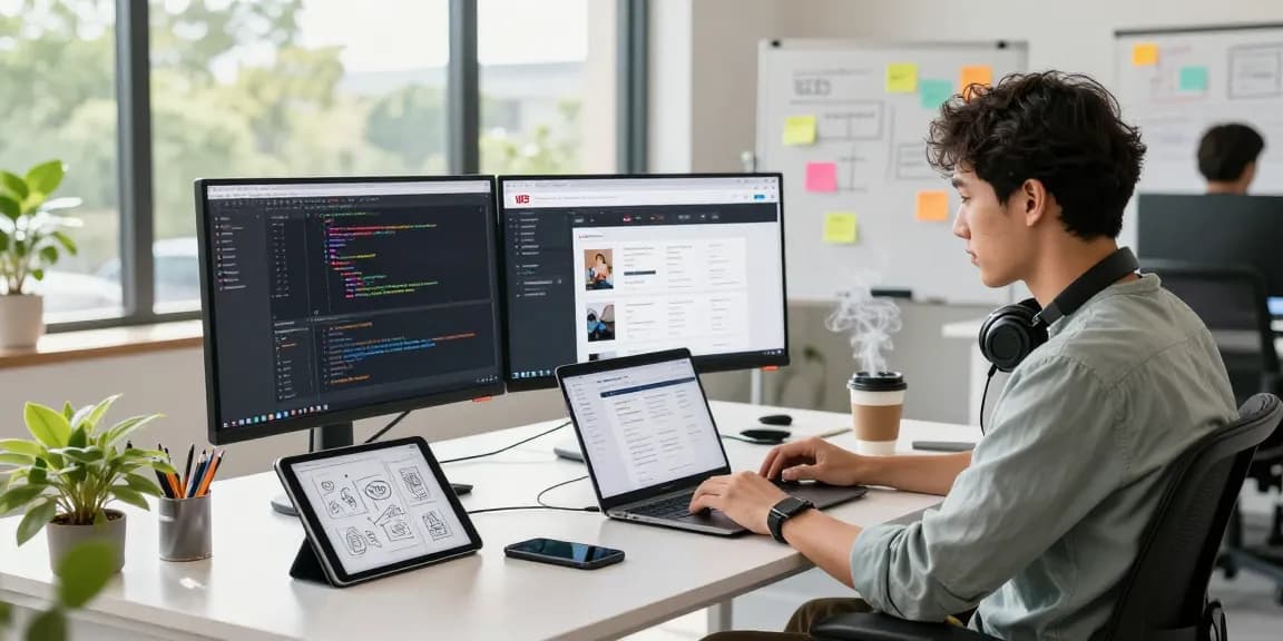 Working professional on WPS Official Website in a bright tech office