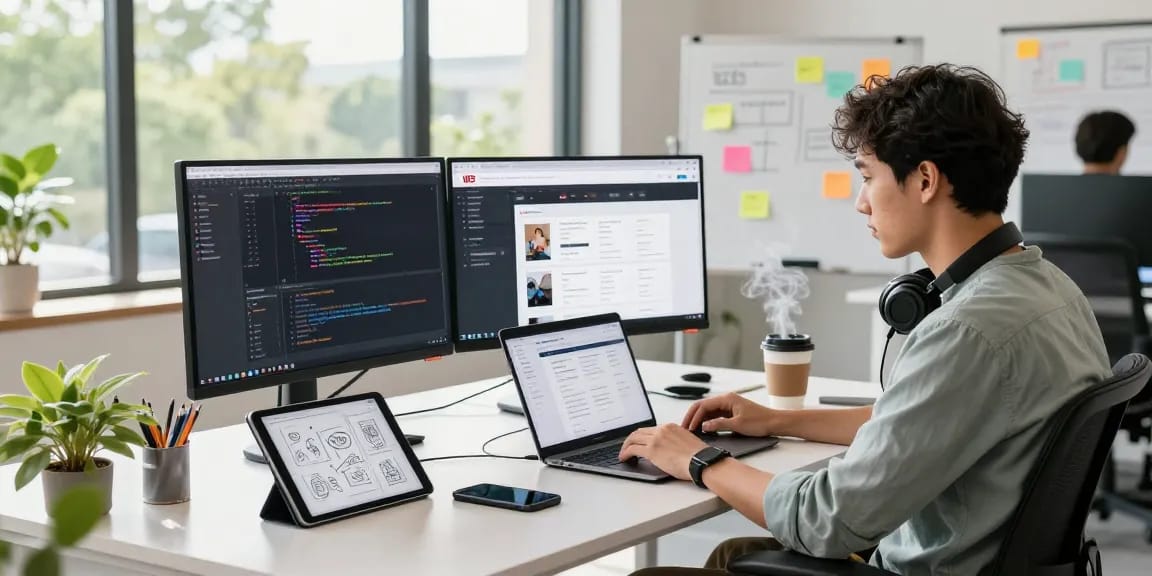 Working professional on WPS Official Website in a bright tech office
