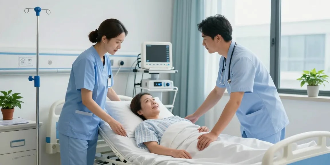 Hospital beds rental service in action with healthcare worker adjusting a bed for patient comfort.
