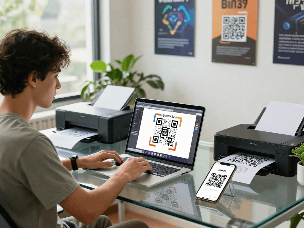 Creating Dynamic QR Codes in an innovative workspace with a laptop, smartphone, and colorful design elements