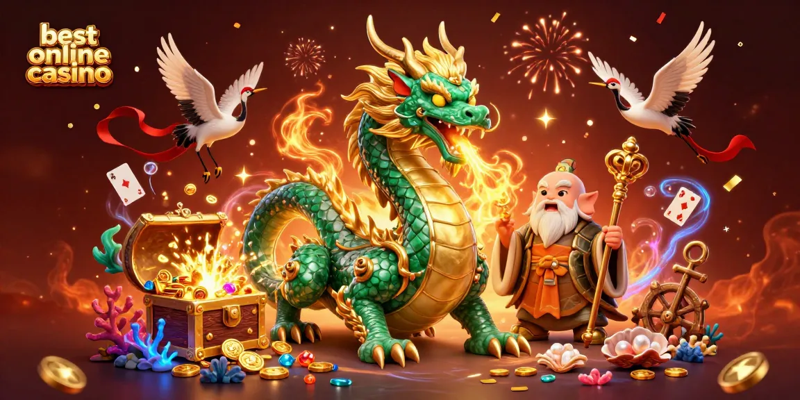 Win big at the best online casino with an epic scene featuring a jade dragon and lucky symbols.