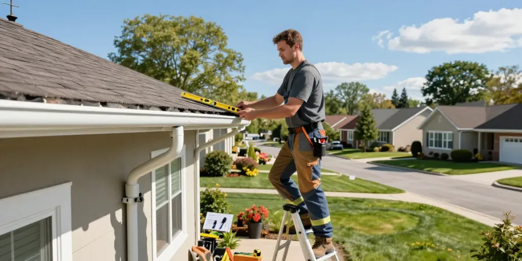 Installation of Spokane gutters by a professional on a sunny day.