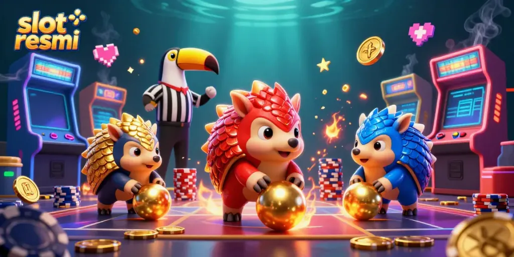 Experience thrilling gaming action with slot resmi featuring rival pangolins amidst casino elements.