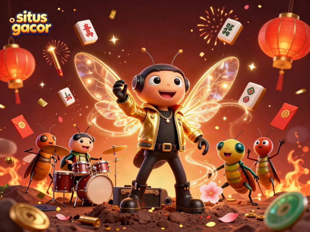 Engage with situs gacor as a cicada rock star and a beetle drummer perform a vibrant celebration scene.