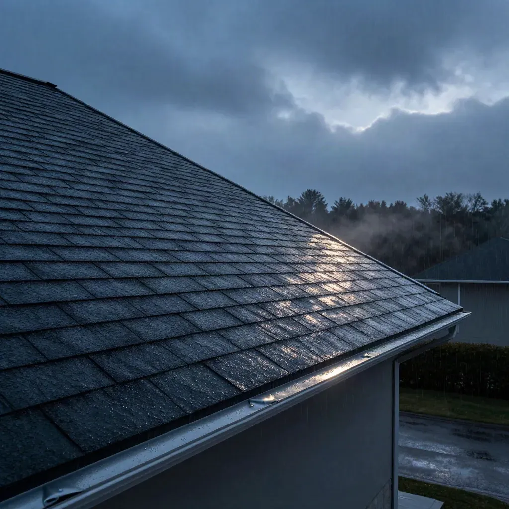 Blue-hour Ontario home roofline with new shingles and wet flashing after rain