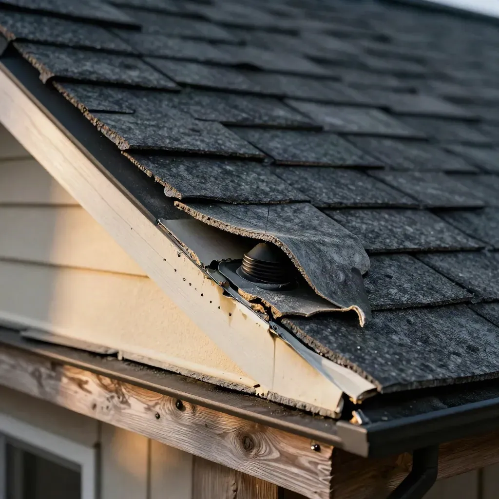 Lifted roof shingles reveal underlayment, vent boot, and a drying moisture track at the eave.