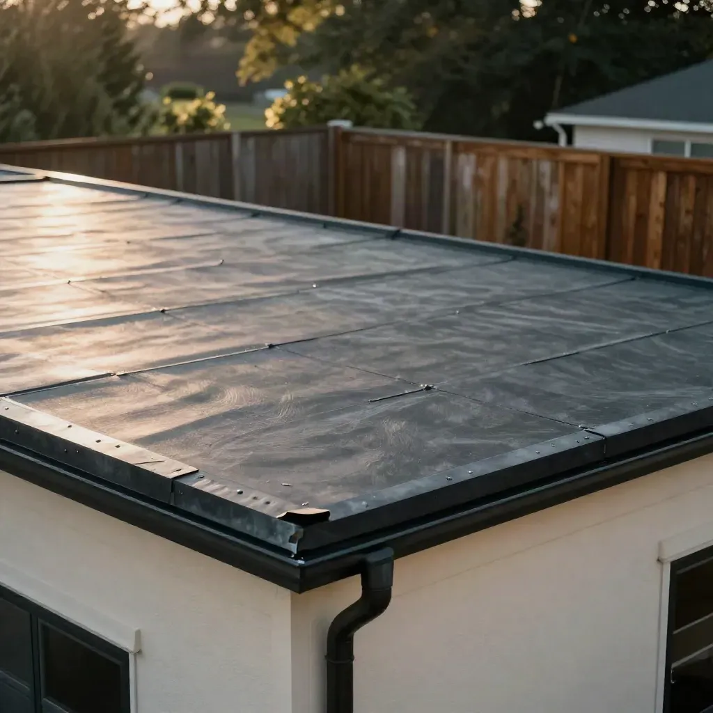 Finished flat-roof membrane on a garage addition with slate-gray flashing in warm sun.