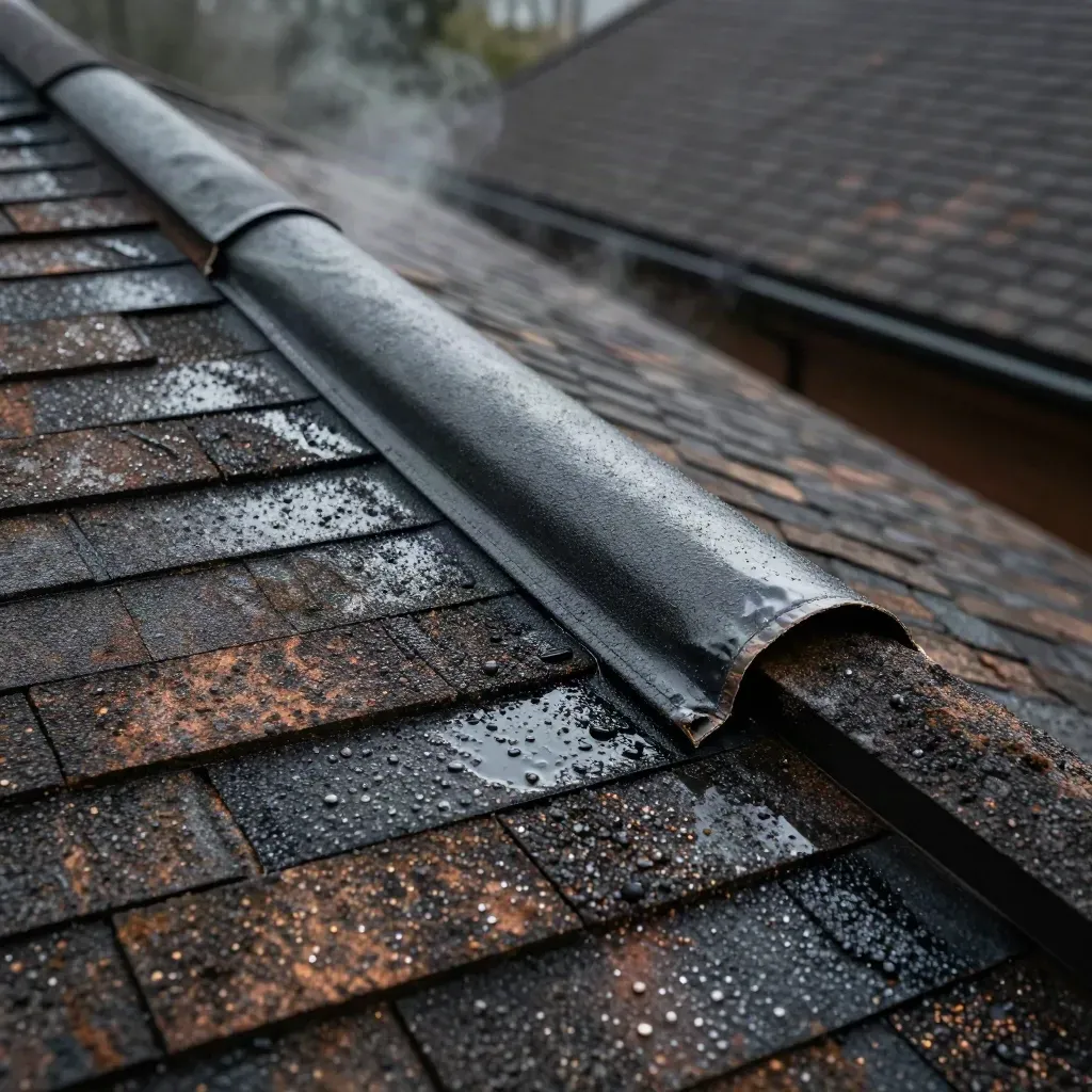 Rain beads off a repaired chimney flashing seam on a wet shingle roof.