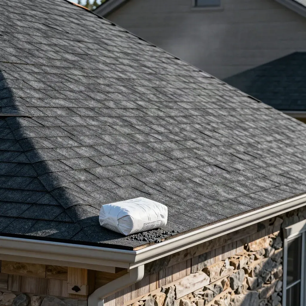 New asphalt shingles on a steep roof with a crisp ridge cap and white bundle near the eave.