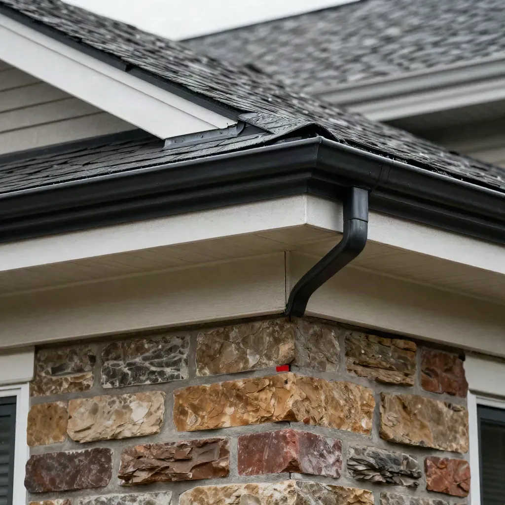 Crisp new soffit vents and fascia trim under a roof edge on brick and stone after rain.