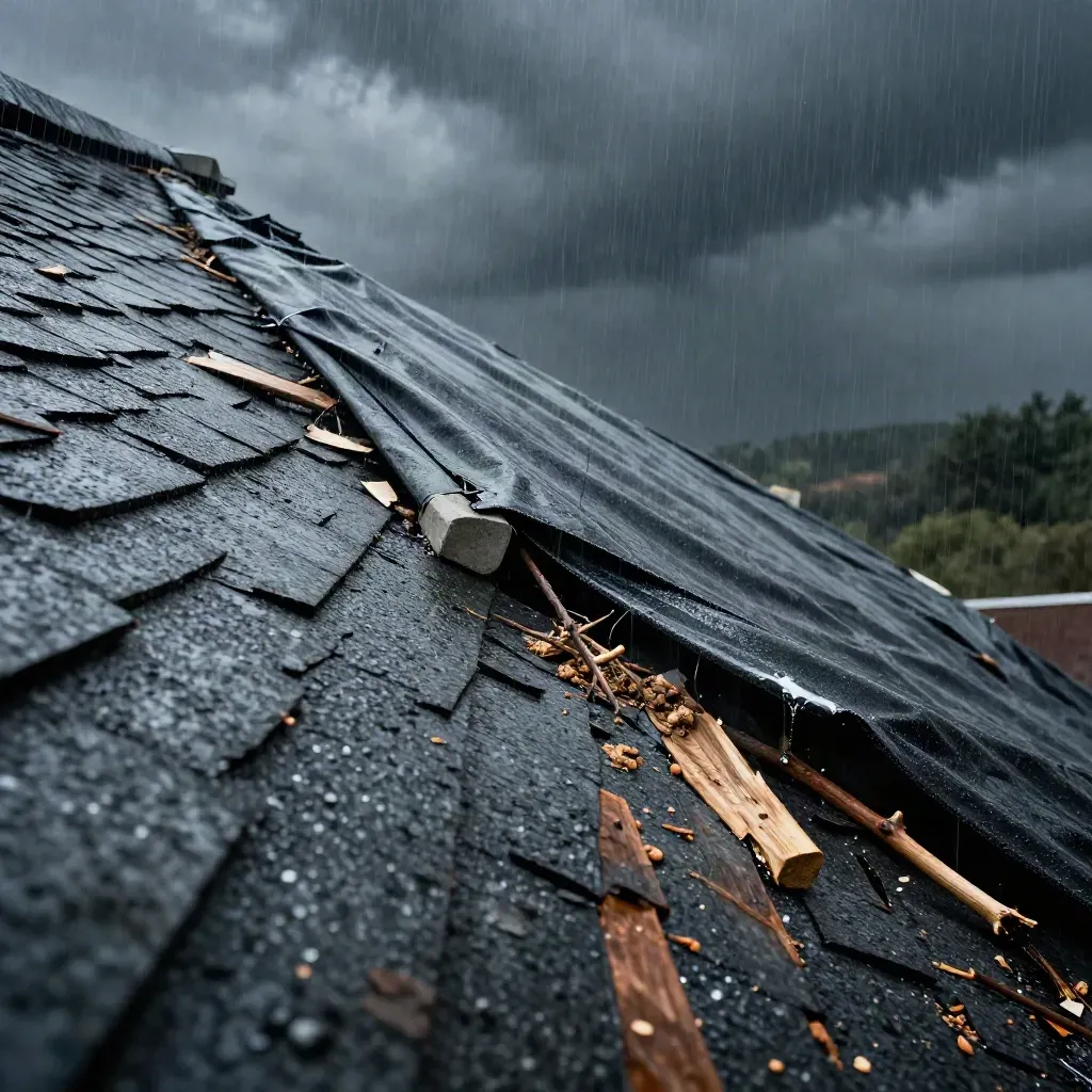 Storm-tarped roof ridge with debris under a dark passing squall.