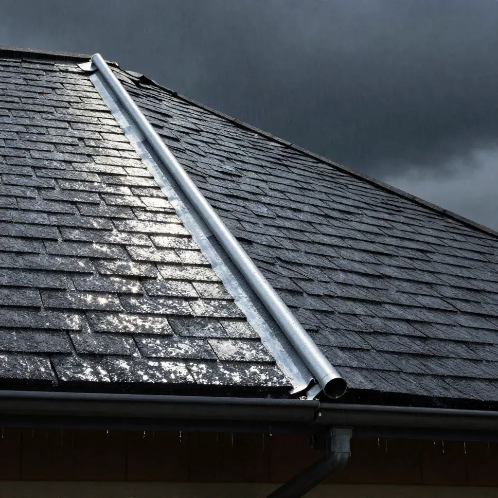 Dry roof valley with new flashing and water draining cleanly into a gutter under stormy skies.