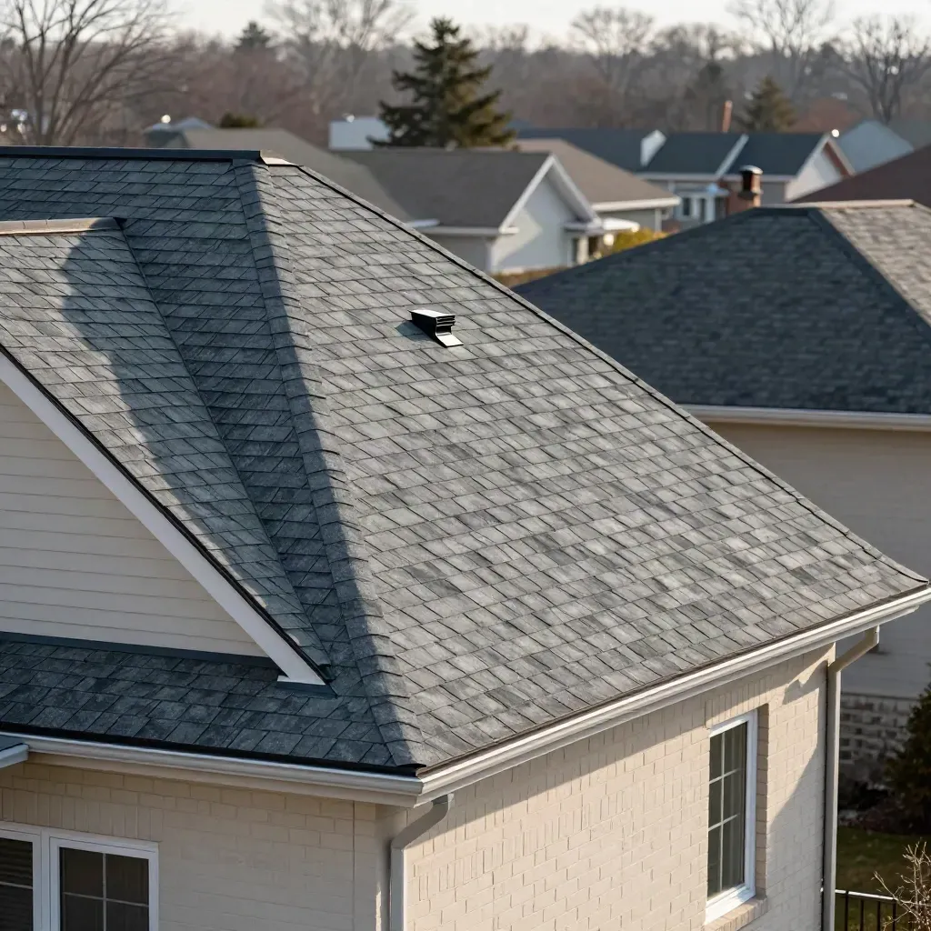 Fresh slate-gray asphalt roof on a detached home, seen from above in warm evening haze.