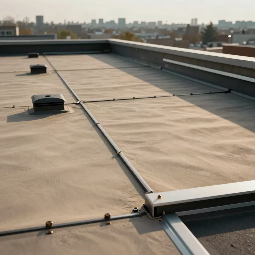 Finished flat roof with clean seams, vents, and controlled drainage above a Mississauga business.