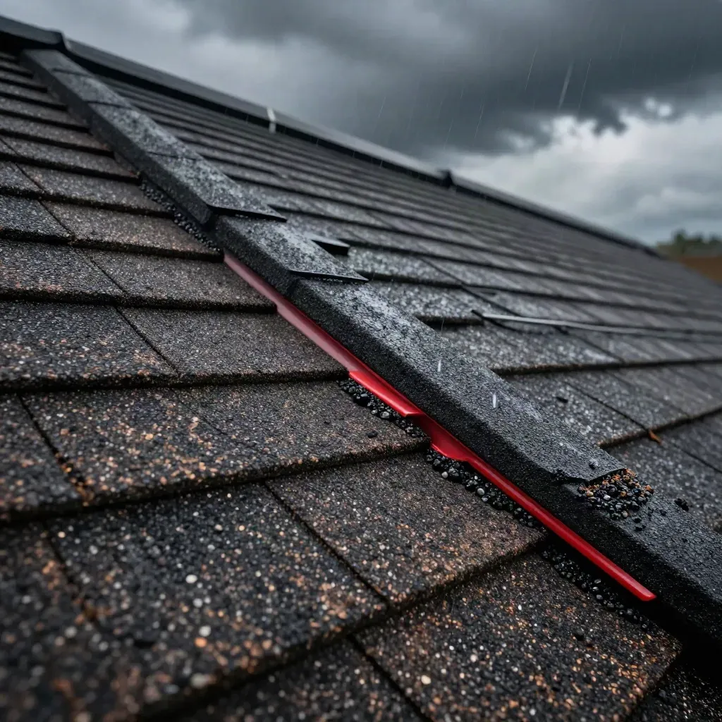 Macro of a repaired roof ridge with new shingles and storm spray under hard light.