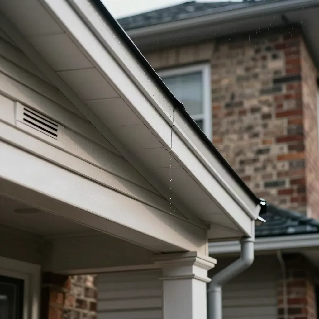New white soffit panels and fascia trim under a townhouse eave after rain