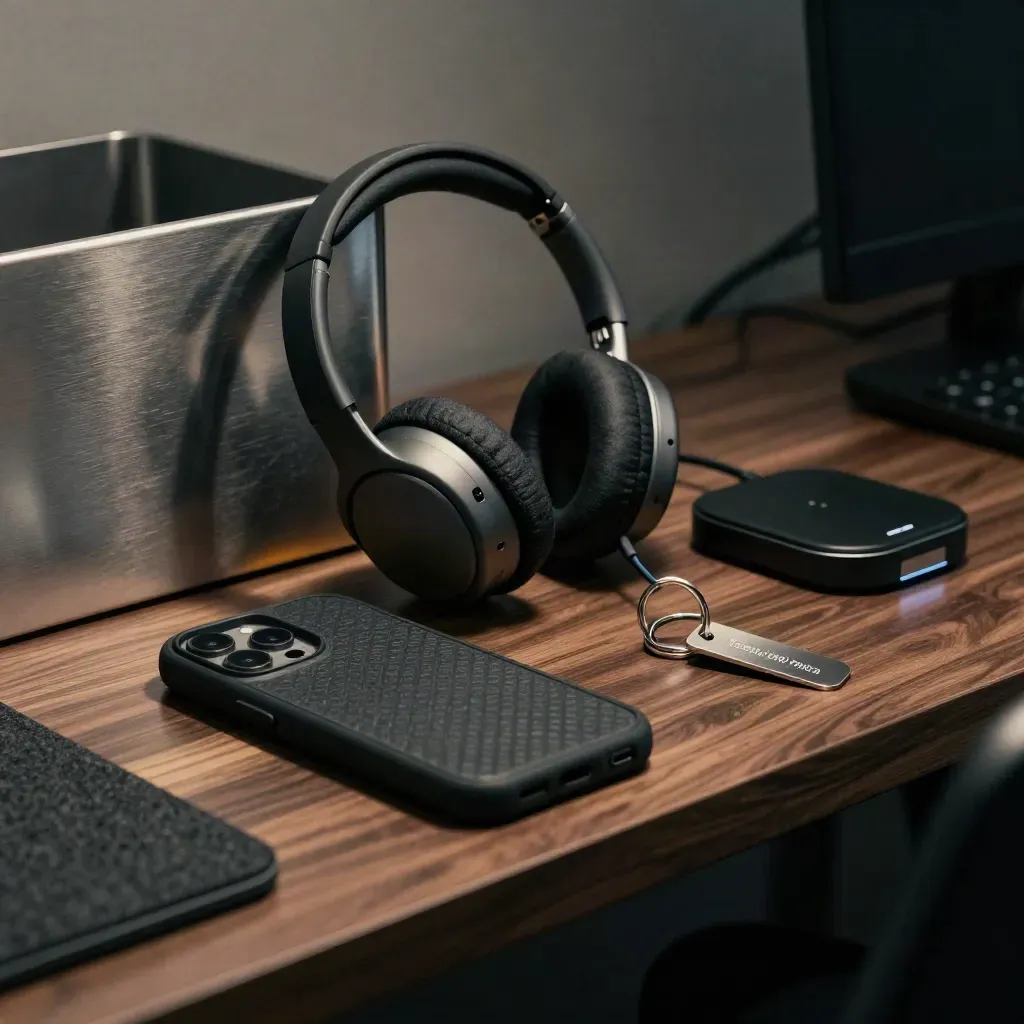 Rugged phone, headset, keys and charging base on a walnut dispatch shelf under dramatic light