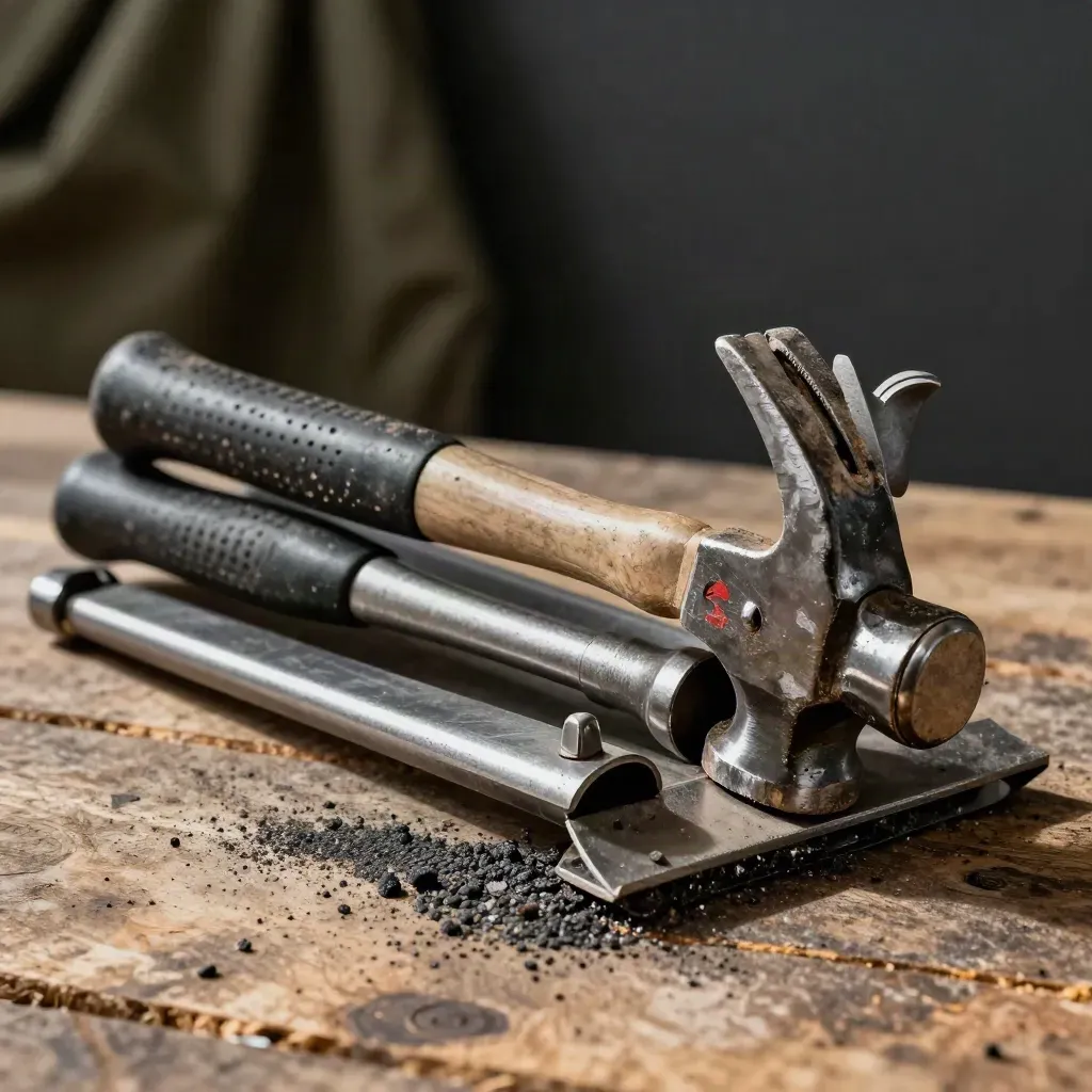 Roofing hammer, pry bar, and nail sweeper stacked on dusty plywood