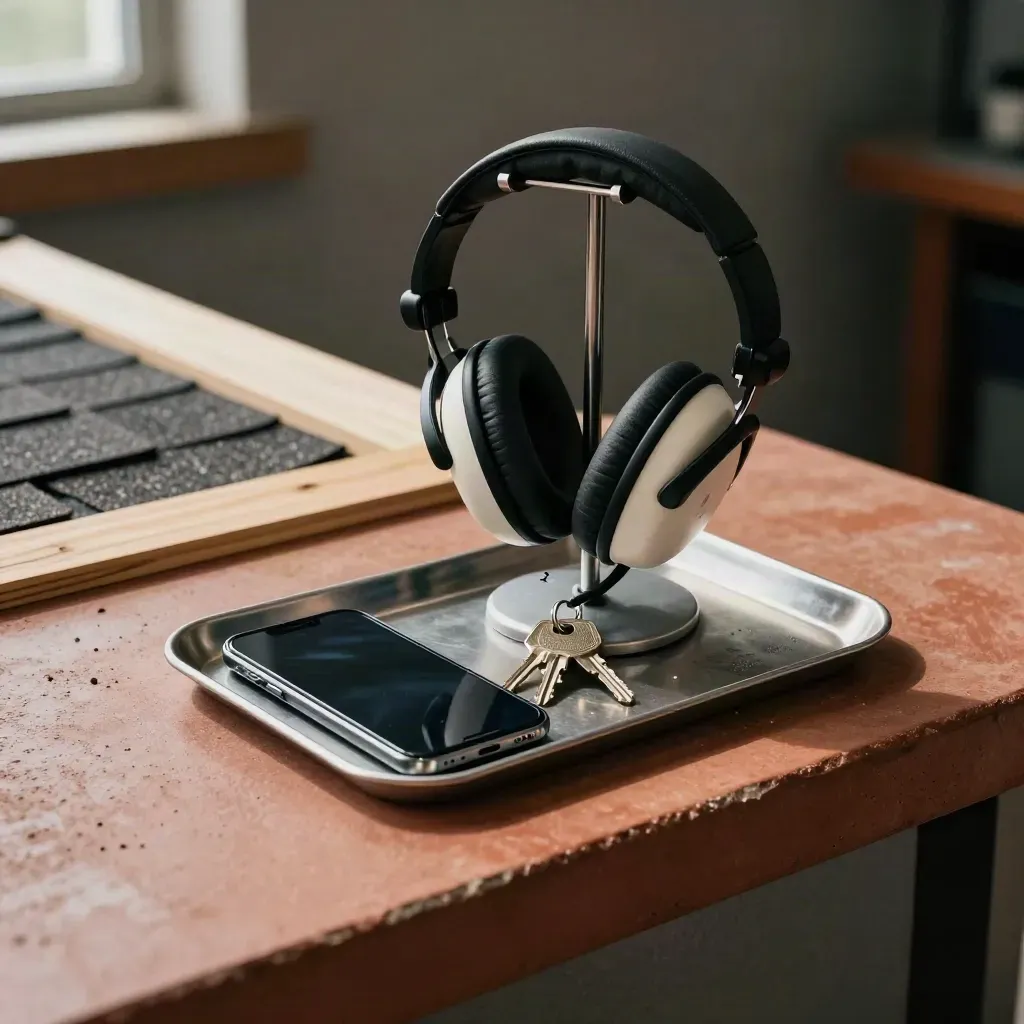 Headset, phone and keys in a shallow tray on a roofing office counter, lit by soft window light.