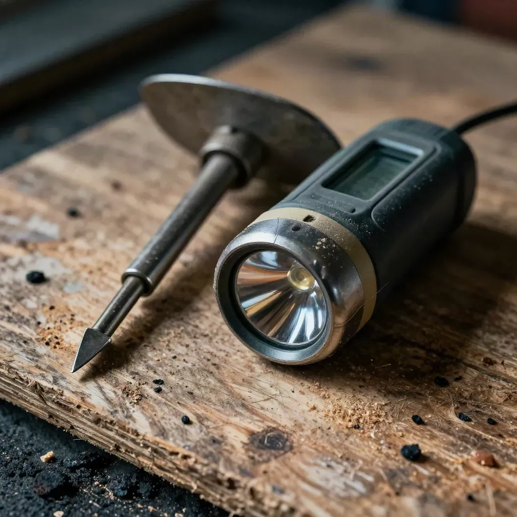 Macro of roof inspection tools on weathered plywood: moisture meter, probe and flashlight.