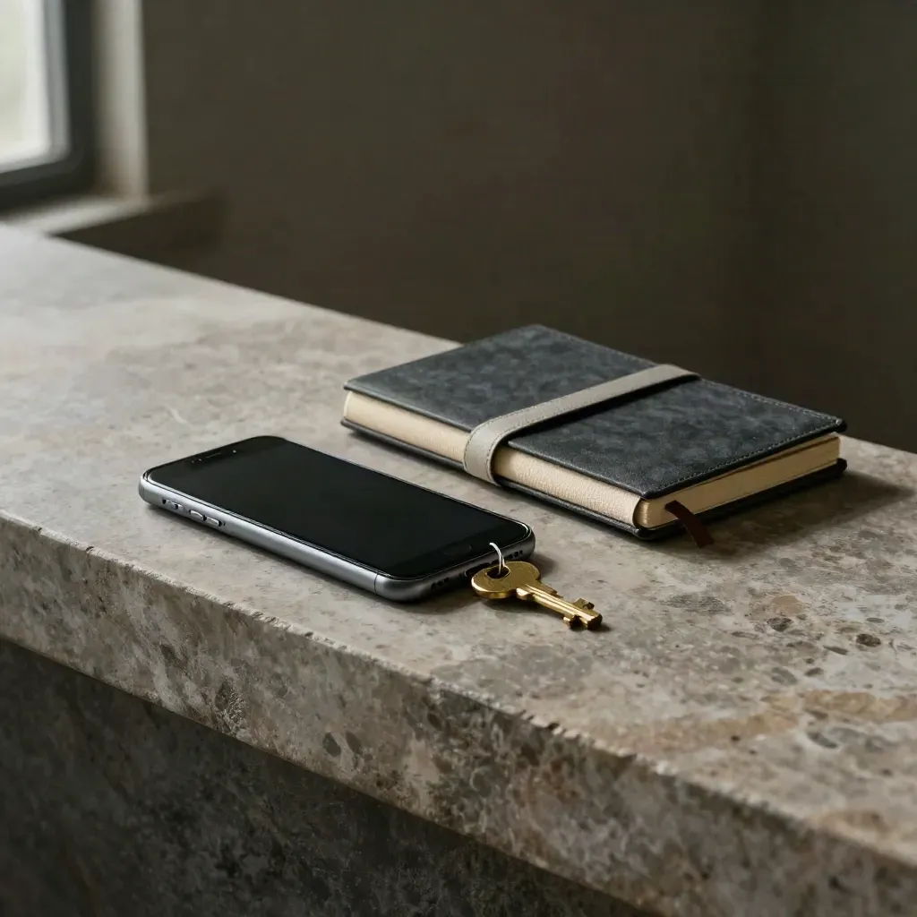 Face-down phone, brass key, and weatherproof notebook on a stone ledge in soft window light.