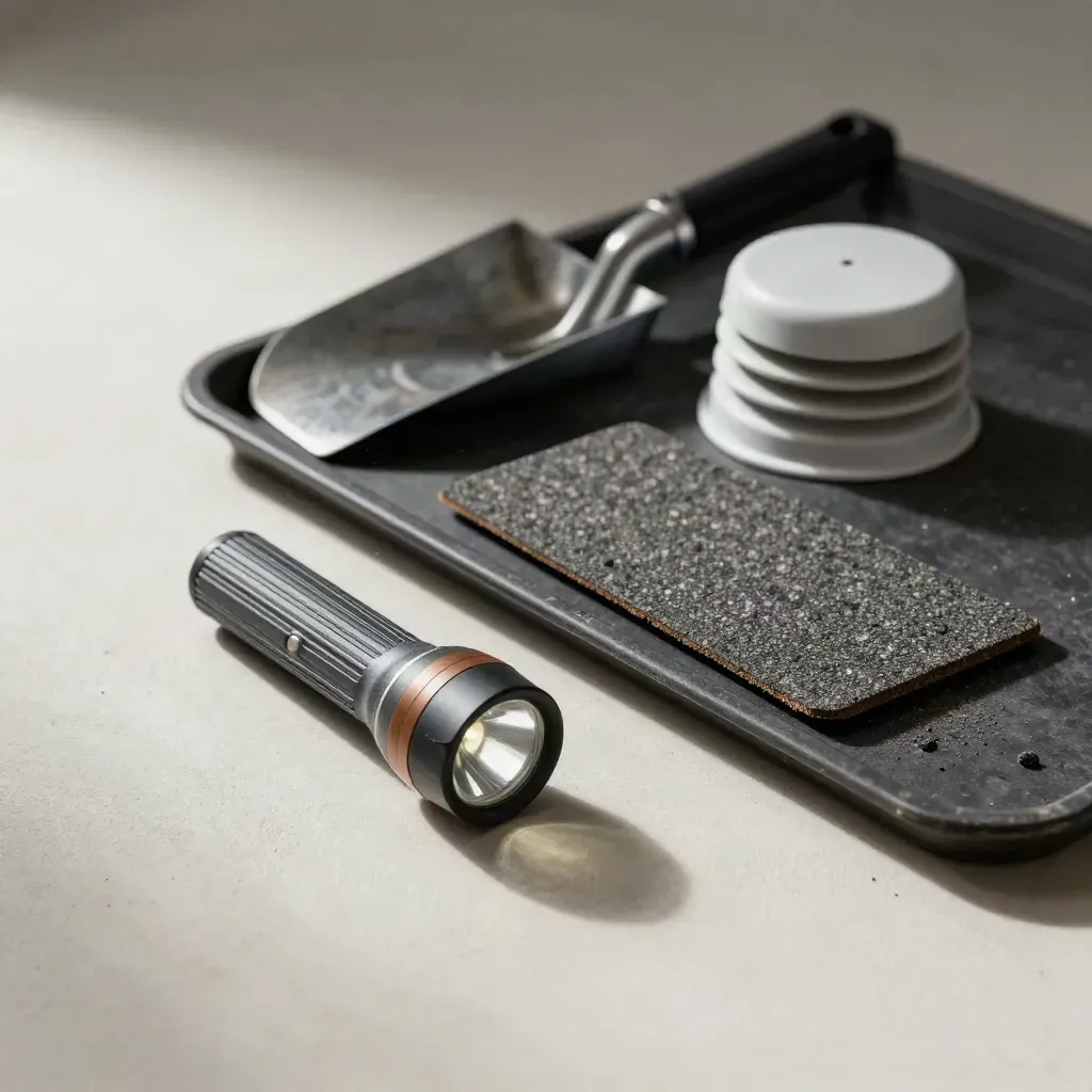 Roof inspection tools arranged on a dark tray with a vent cap and shingle sample