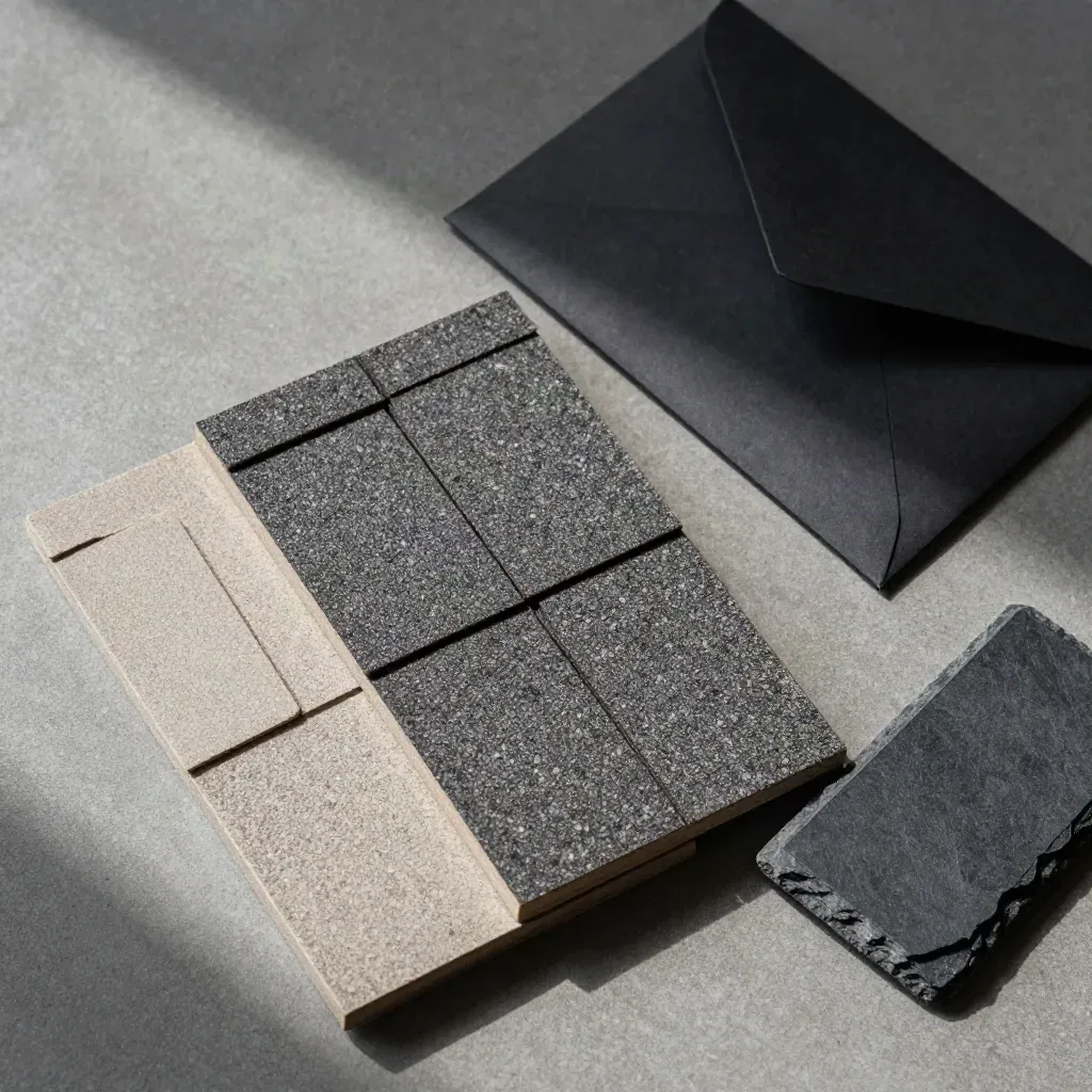 Shingle samples, slate block and sealed envelope on concrete, lit from upper left.