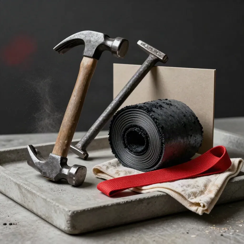 Roofing hammer, pry bar, underlayment coil and red strap on a concrete tray.