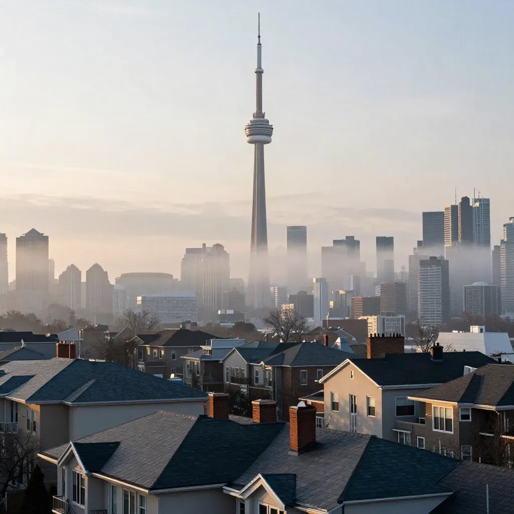 CN Tower over Toronto roofs in dawn haze