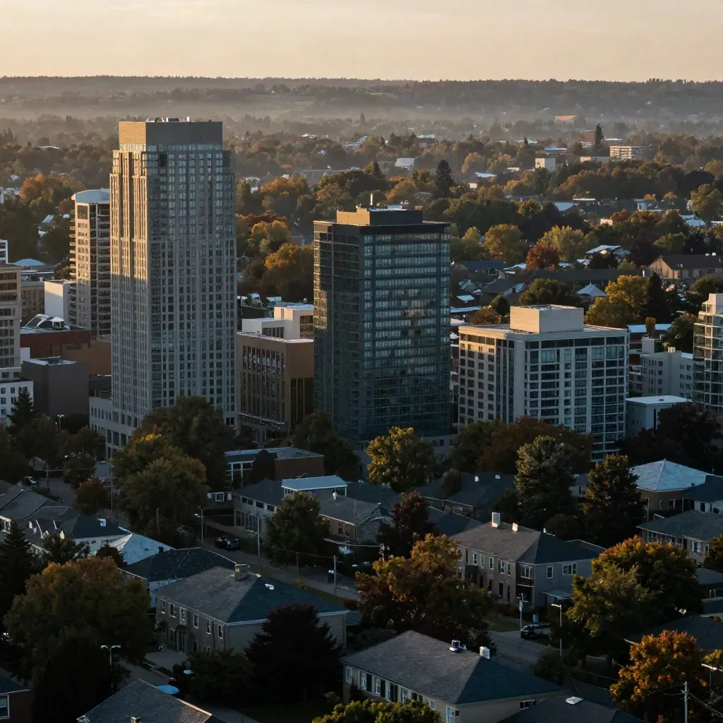 Golden Peel Region horizon with Mississauga towers above a soft suburban tree canopy.