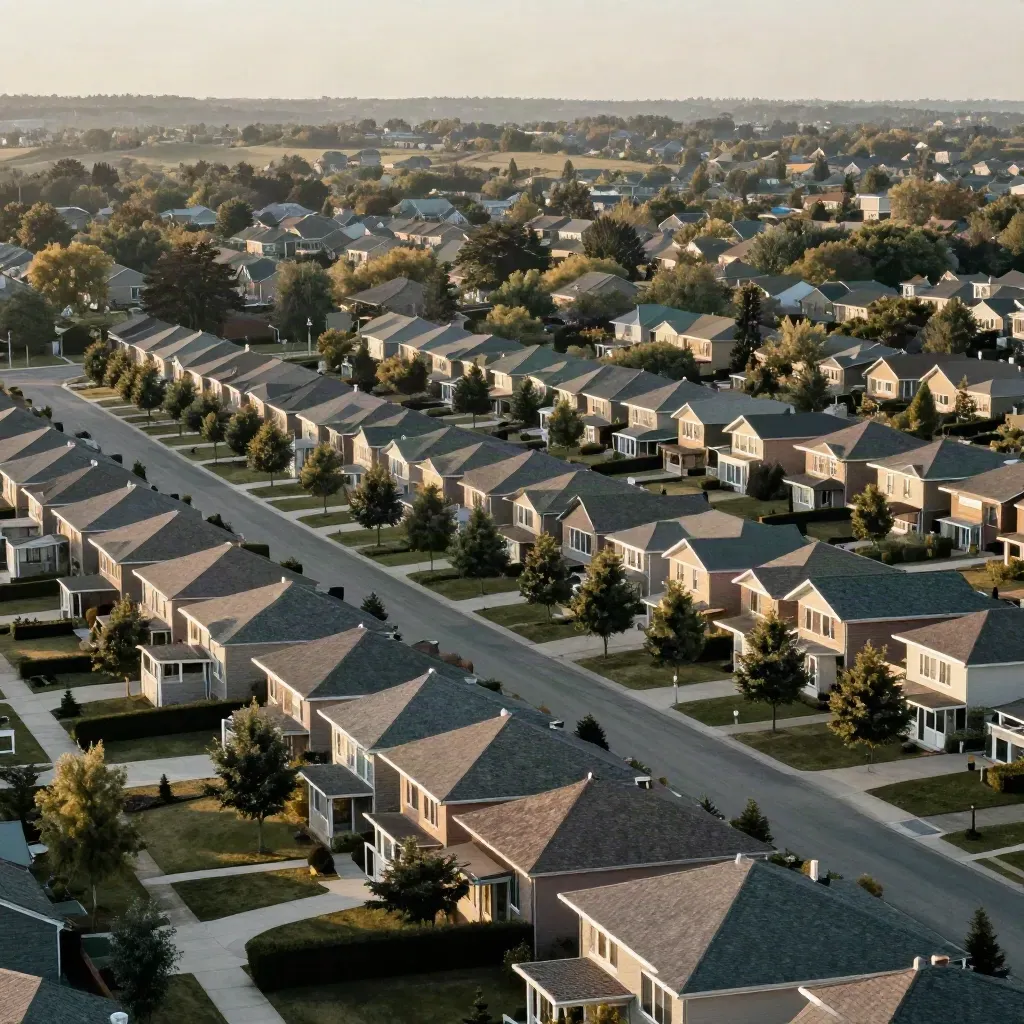 Hazy York Region subdivision roofs and tree-lined ridges under late light