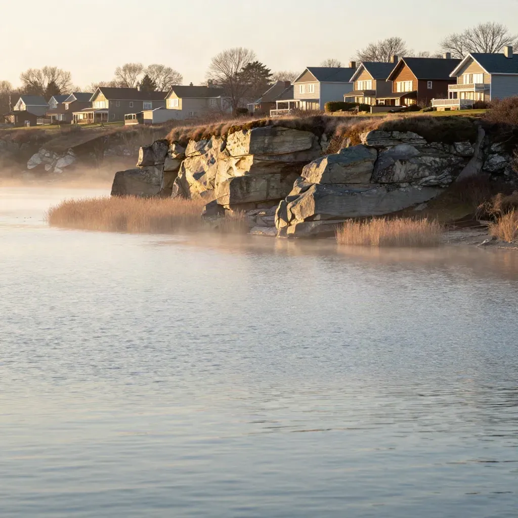 Durham Region bluffs over hazy lakewater with shoreline homes and warm sunset glow
