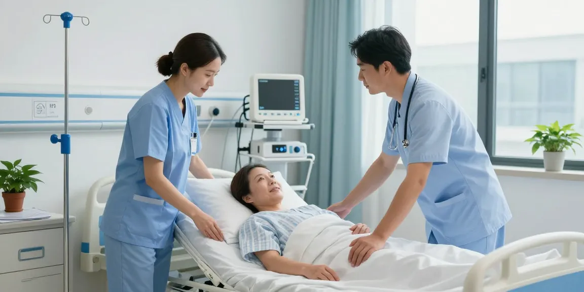Hospital beds rental service in action with healthcare worker adjusting a bed for patient comfort.