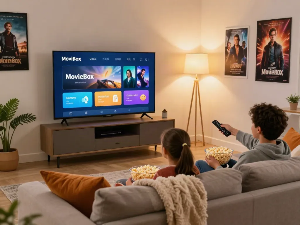 Family enjoying movie night with MovieBox on smart TV in cozy living room.