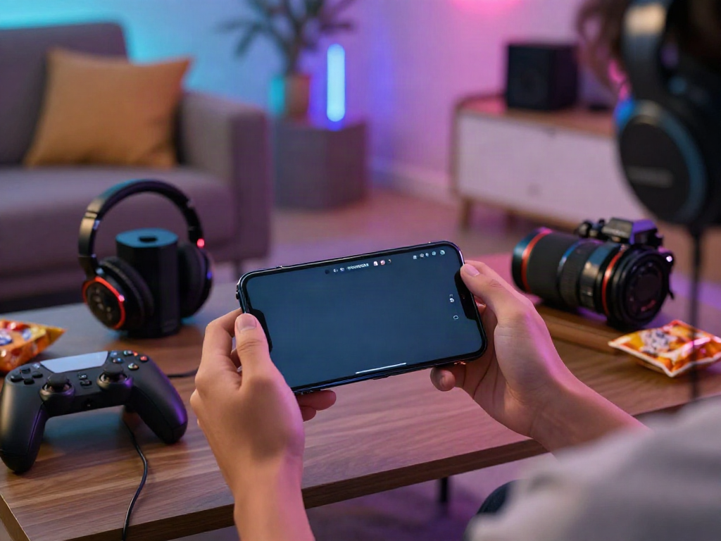 Person gaming with rokok88 apk on smartphone in a vibrant living room.