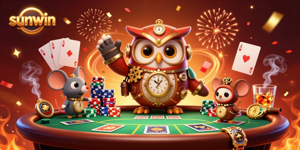 Experience thrilling gaming at sunwin with a time-traveling owl and vibrant casino elements.