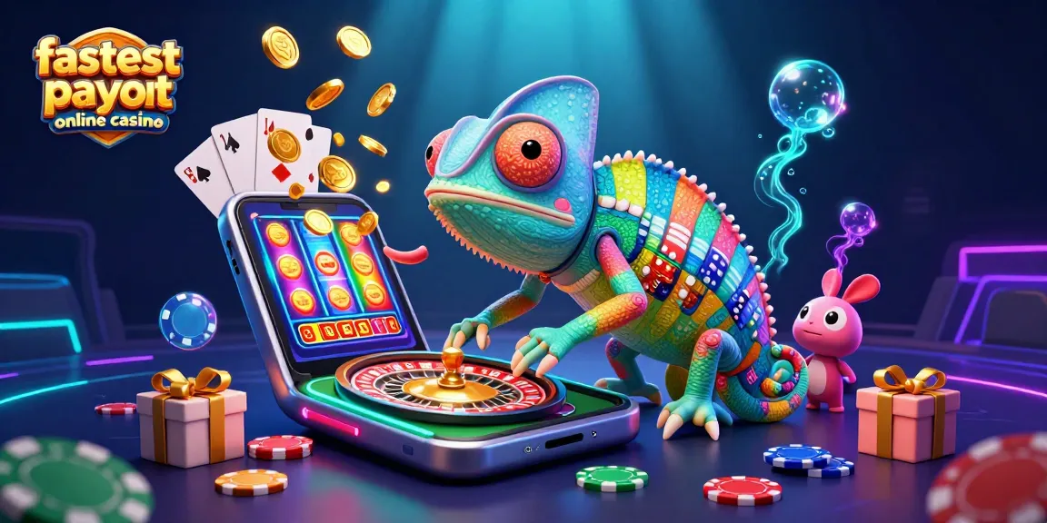 Experience the fastest payout online casino with a vibrant chameleon casino owner, dynamic game elements, and golden coins.